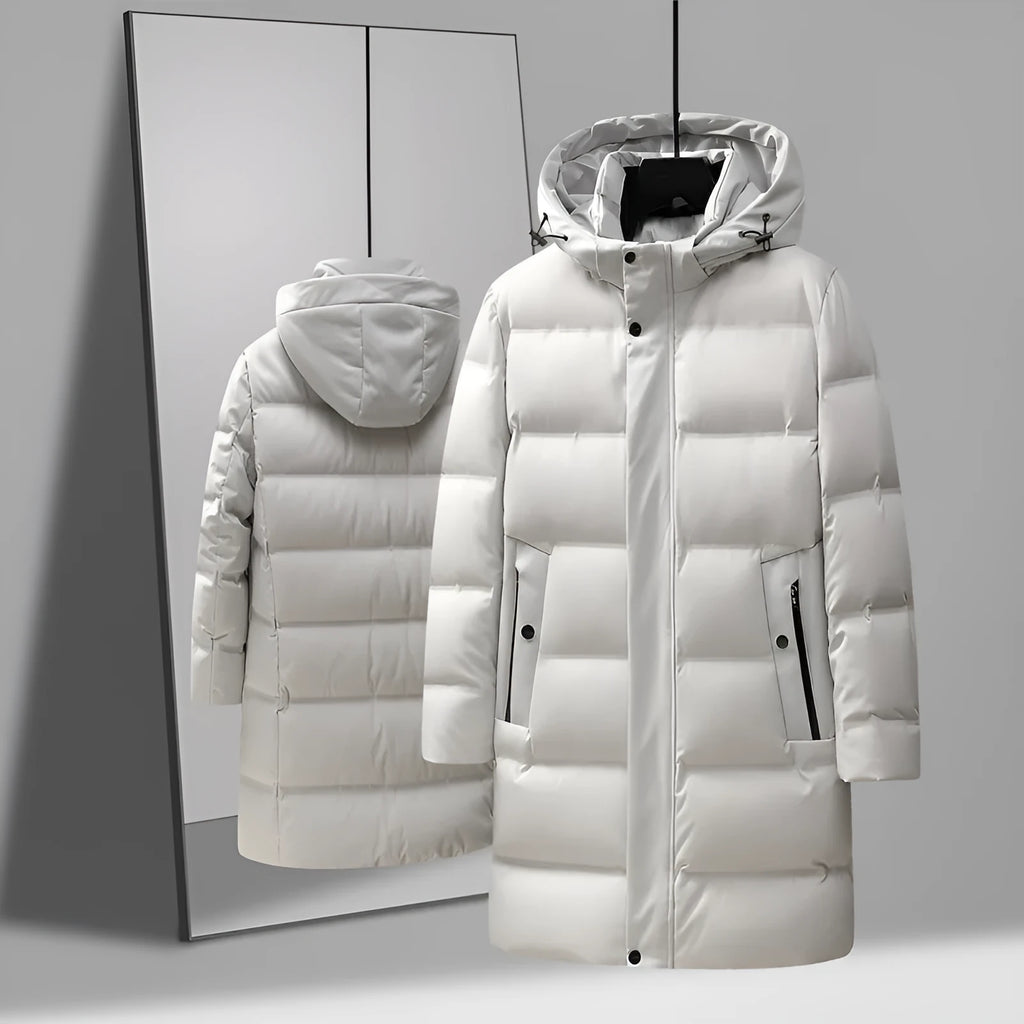 Men's solid colour thick mid-length polyester down jacket coat in black