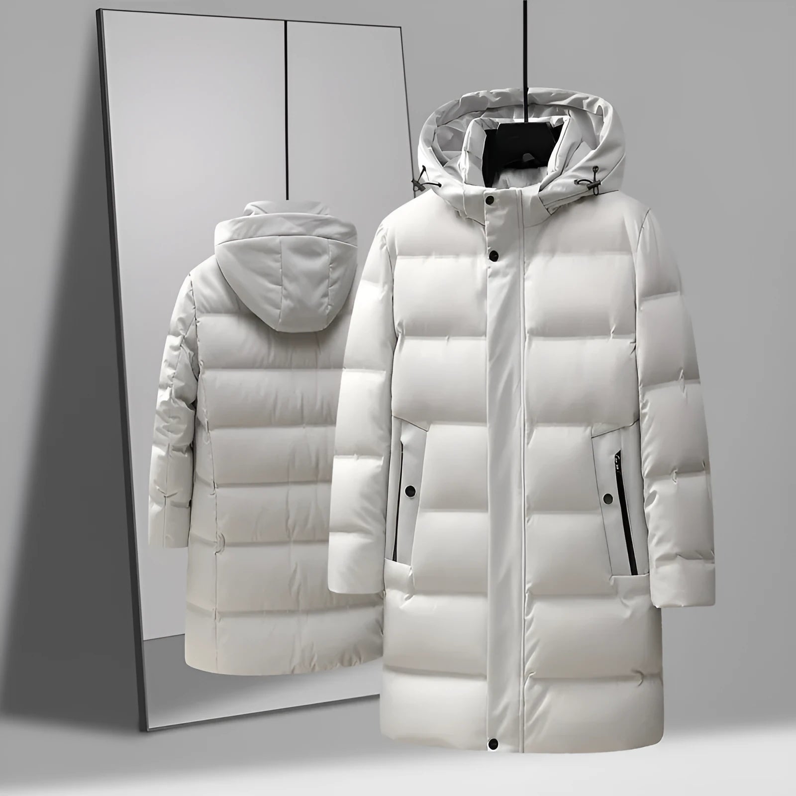 Men's solid colour thick mid-length polyester down jacket coat in black