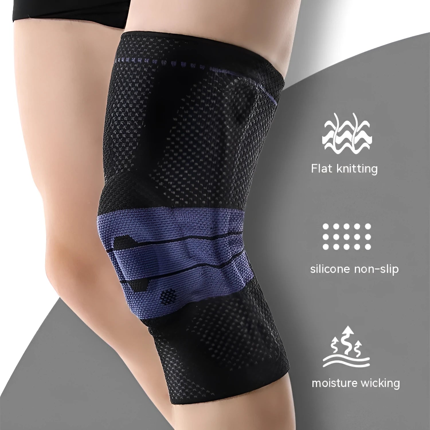 Black and blue adult sports knee pad made from nylon and spandex for running and basketball