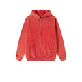 Man's washed cotton hooded cardigan with fleece lining and a double front zipper.