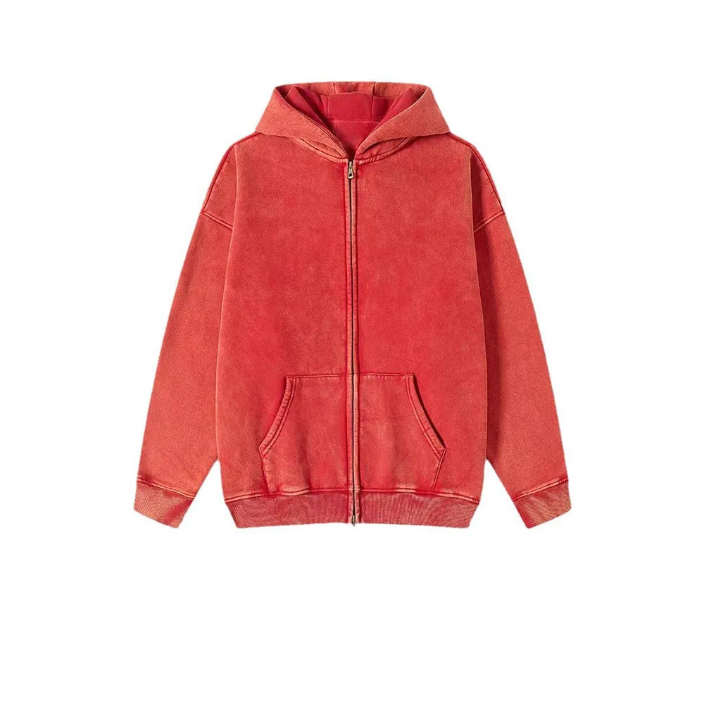 Man's washed cotton hooded cardigan with fleece lining and a double front zipper.