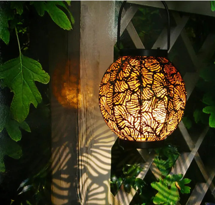JYL3360 solar-powered decorative iron courtyard lantern with warm white LED lighting