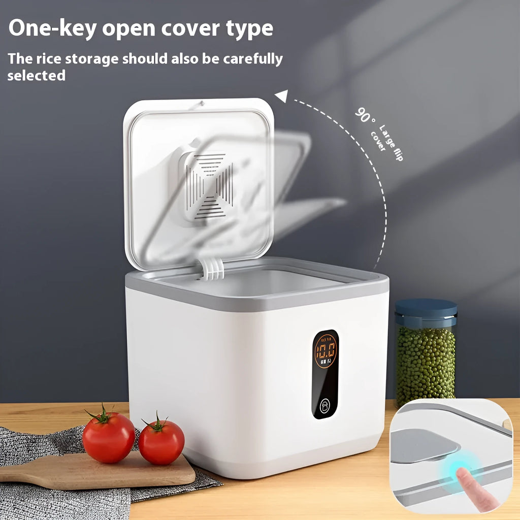 Grey plastic rice storage jar with sealed lid and measuring cup in 10kg, 20kg, and 30kg capacity options