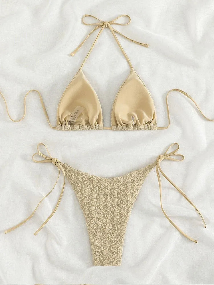 Women's high waist bikini swimsuit with side lace-up detailing in khaki colour