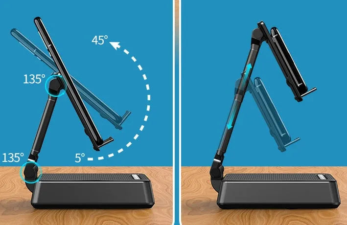 Black mobile phone broadcaster stand with Bluetooth speaker and microphone on desk