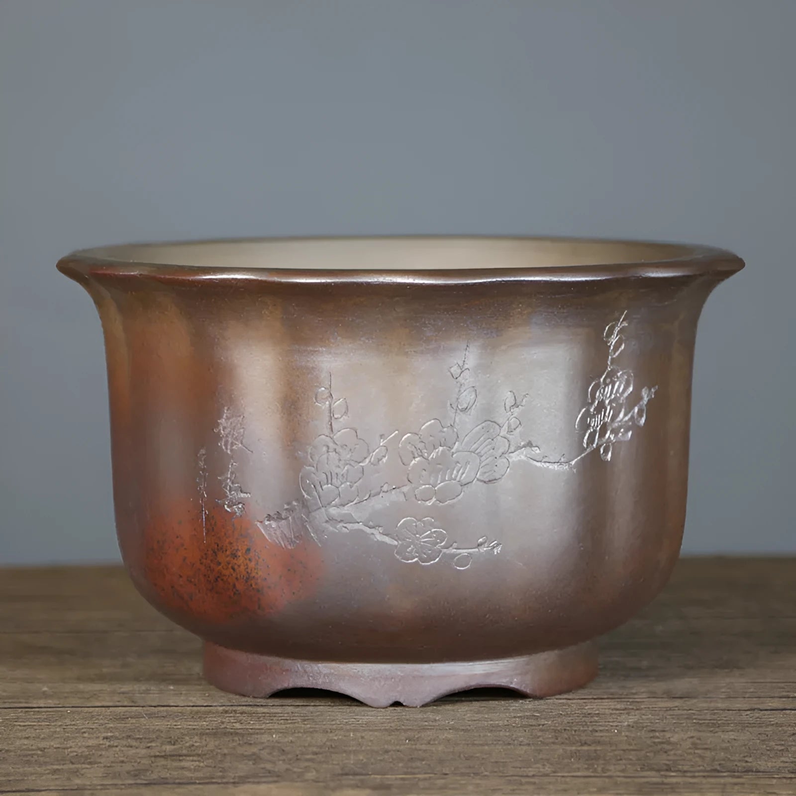Antique carved purple sand ceramic flowerpot with wood burning finish