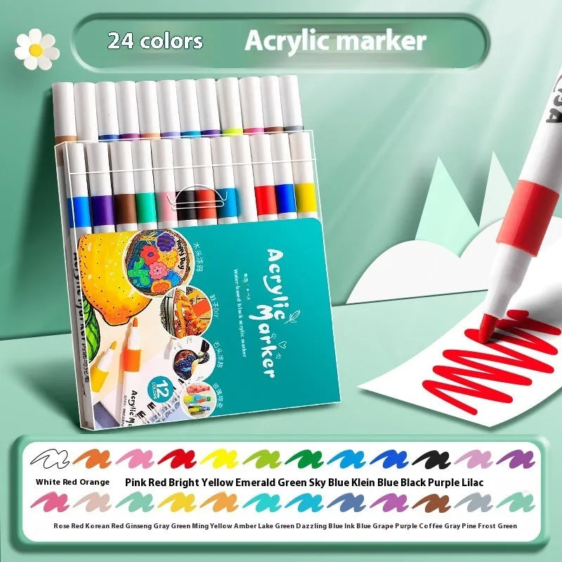 Boxed set of multicolour acrylic marker pens for art and student painting projects.