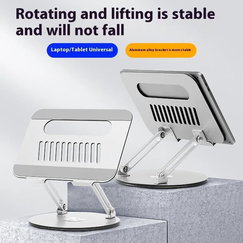 Silver aluminium alloy laptop stand with rotatable top and foldable design on desk