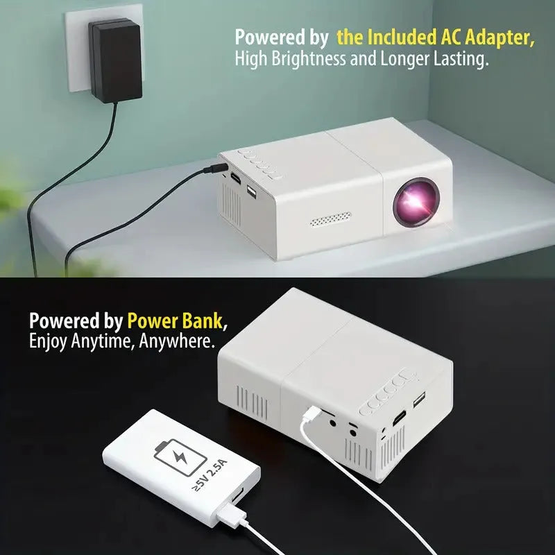 M100 mini LED home projector in black and white showing 100-inch projection with international power cables