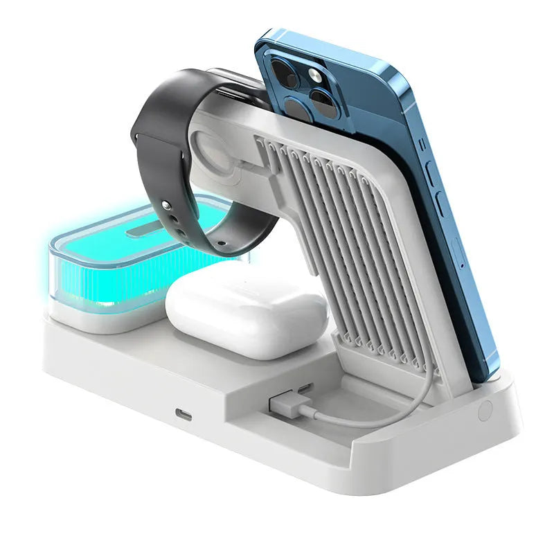 White 4-in-1 multifunction wireless charger station with foldable stand, alarm clock display, and RGB night light.