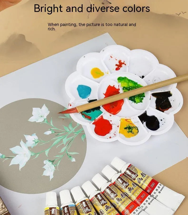 18 colour Chinese painting pigment set with 12ml bottles and plant coating pen