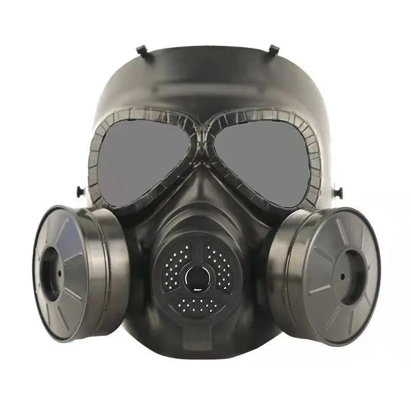 Outdoor anti-virus twin fan mask in black with transparent lens, head-mounted TPR design