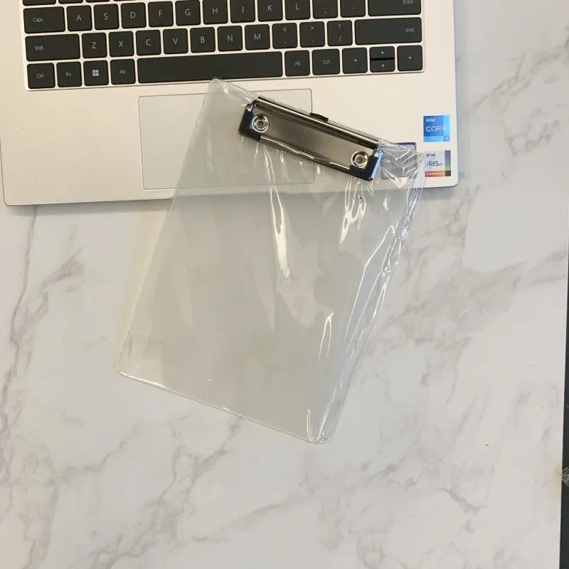 Transparent A4 writing board pad with metal clip holding documents, available in blue, green, red, and white colours