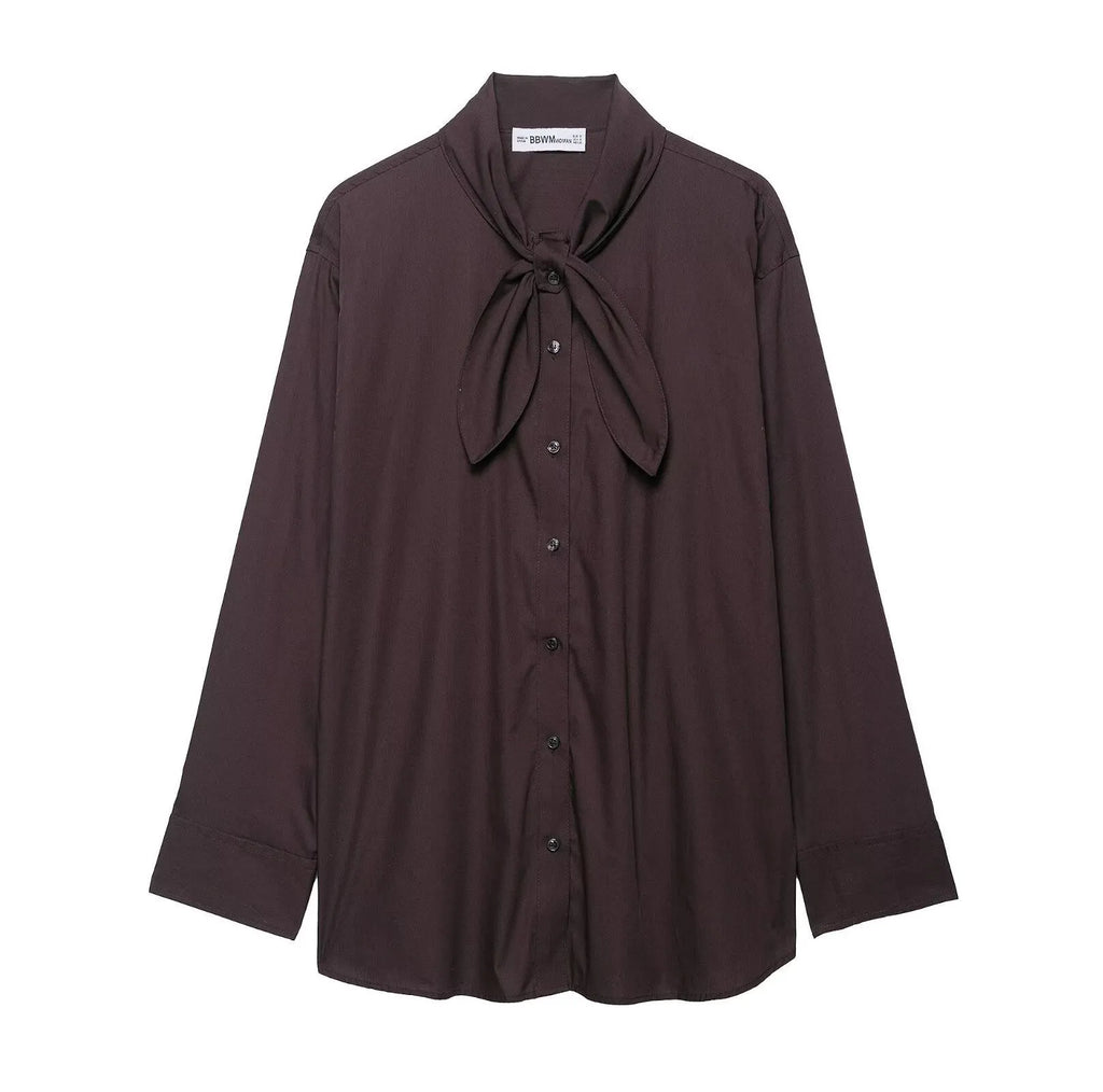 Brown women's poplin shirt with bow tie scarf detail, loose fit long sleeve office blouse