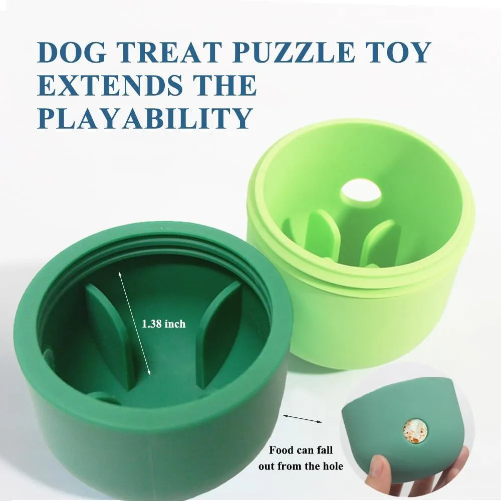 Colourful dog treat dispensing puzzle ball on a green background