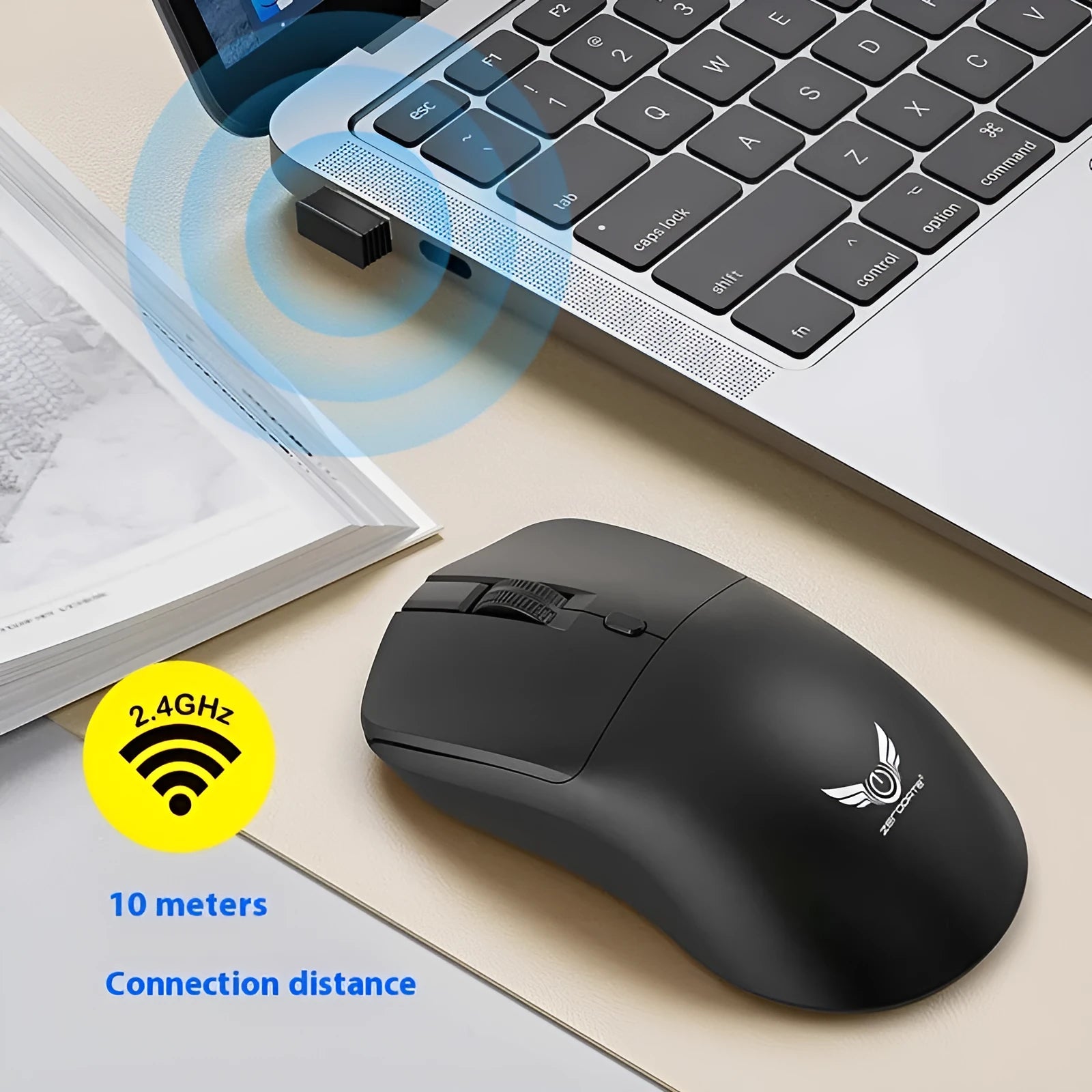 Black wireless mouse with three-gear audio button, photoelectric sensor, and AAA battery compartment