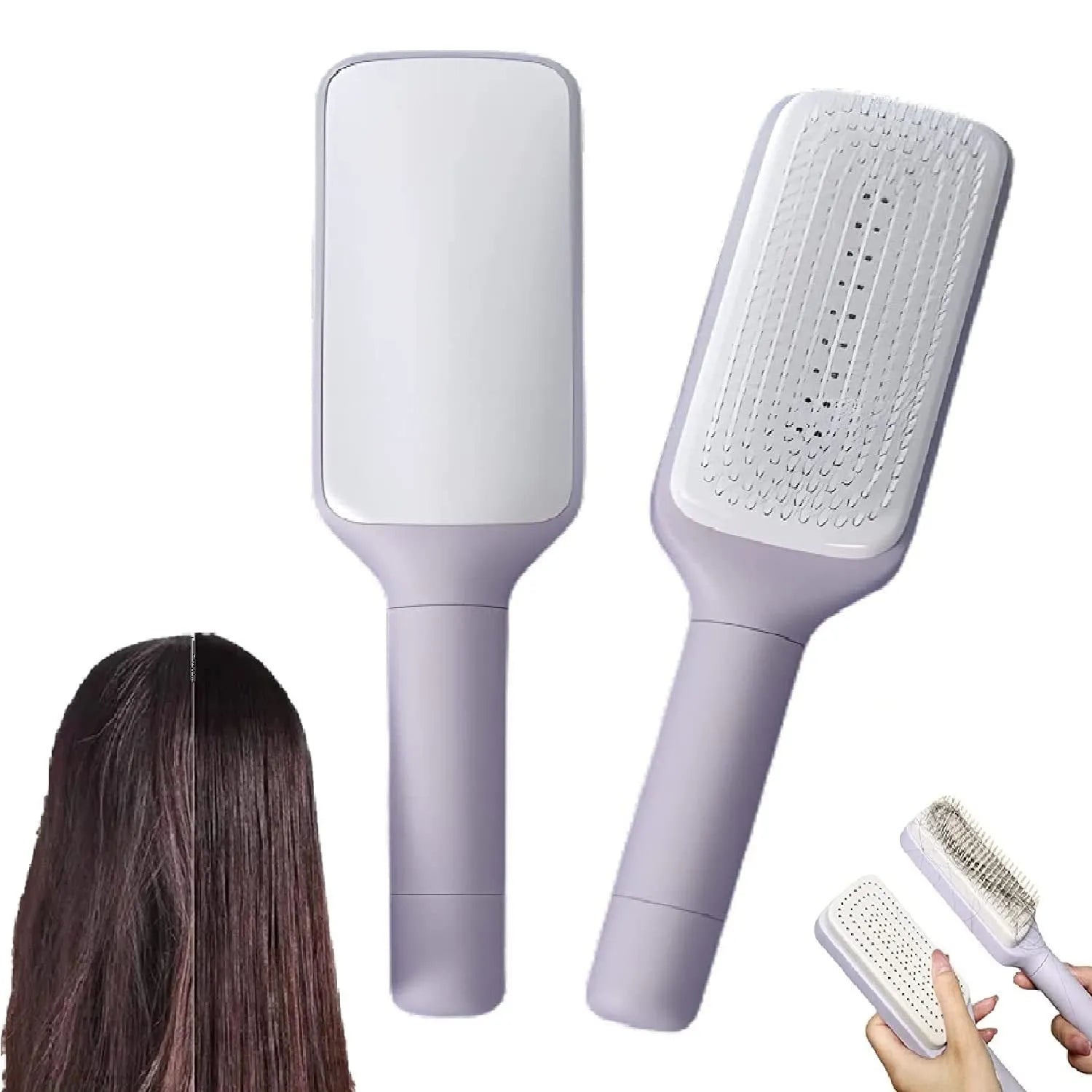 Purple self-cleaning hair brush with rotating handle and anti-static massage comb teeth