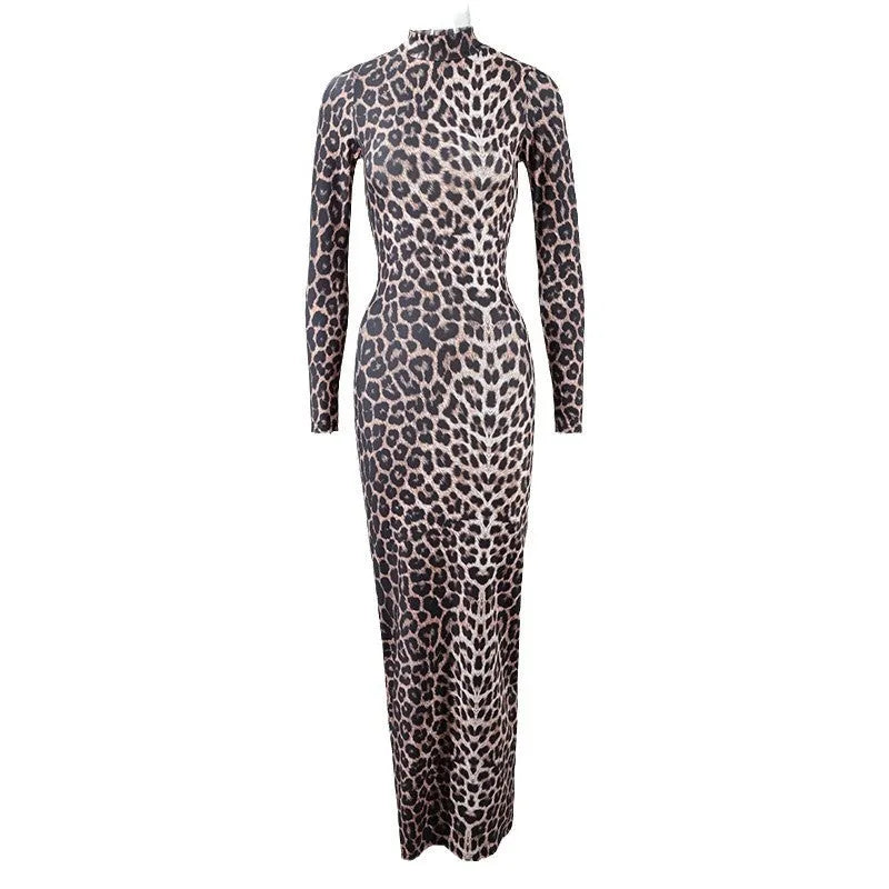 Leopard print long sleeve dress with stand collar and high waist design in milk silk polyester fabric