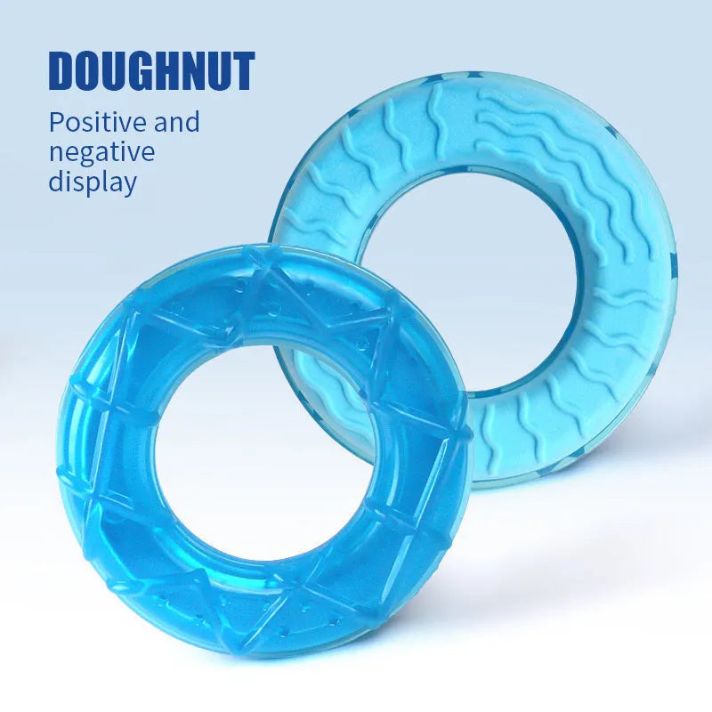 Dog cooling toy set with water-filled ice sticks and three teething toy shapes: pacifier, popsicle, and ring