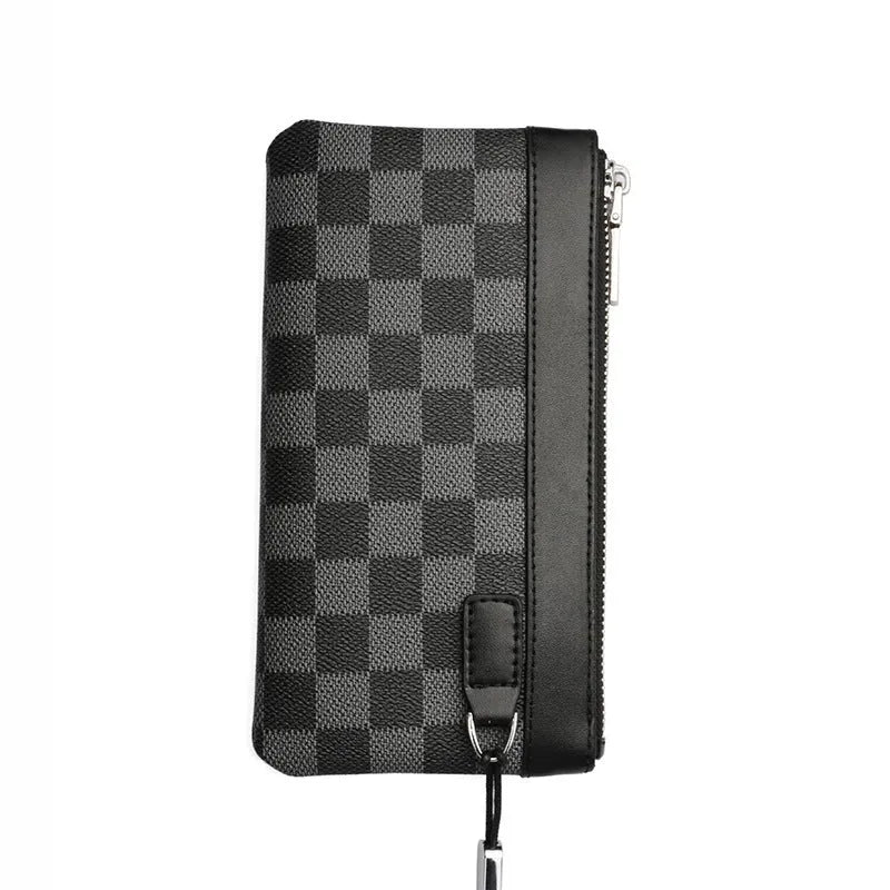 Men's black plaid genuine cowhide leather wallet measuring 20cm by 10cm