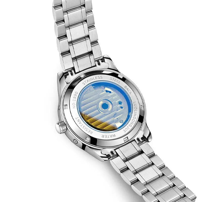 Business hollow men's mechanical watch with stainless steel case and leather strap
