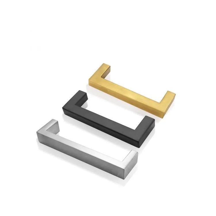 Stainless steel square pipe cabinet door handle in brushed silver finish showing its dimensions.
