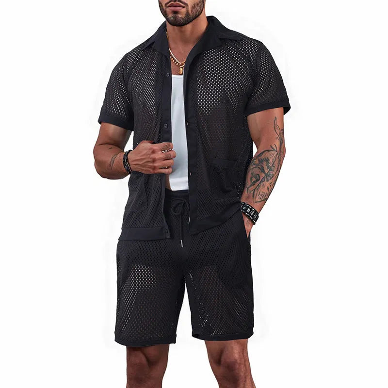 Lightweight women's beach shorts suit set in lake blue, showing short sleeve jacket and matching shorts.