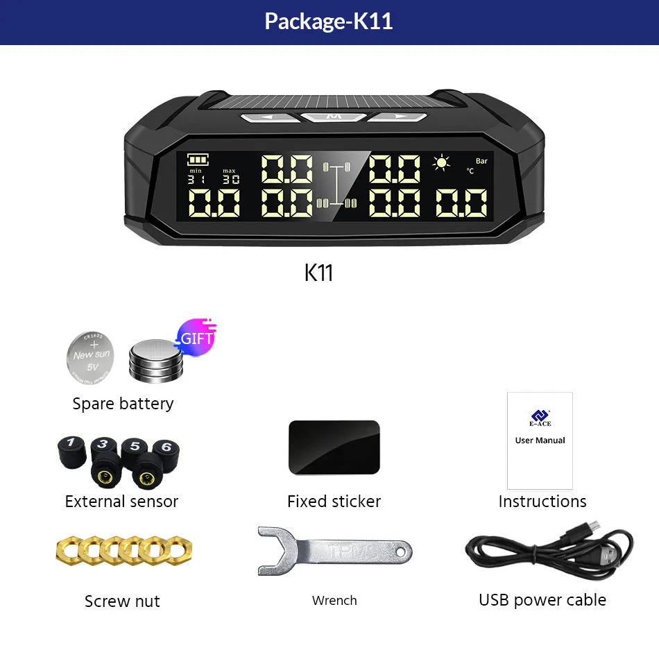 Solar external tire pressure monitor with LCD display and 6 sensors for RV and truck use