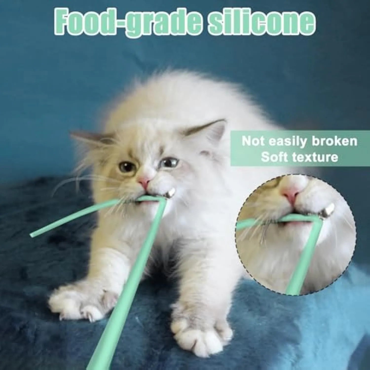 Green automatic cat wand toy with swinging silicone tails on wooden floor