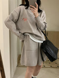 Casual sports knitted sweater shorts suit with animal embroidery pattern in imitation cashmere fabric