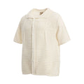 Men's apricot and black loose-fit retro cotton short sleeve casual shirt on hanger.