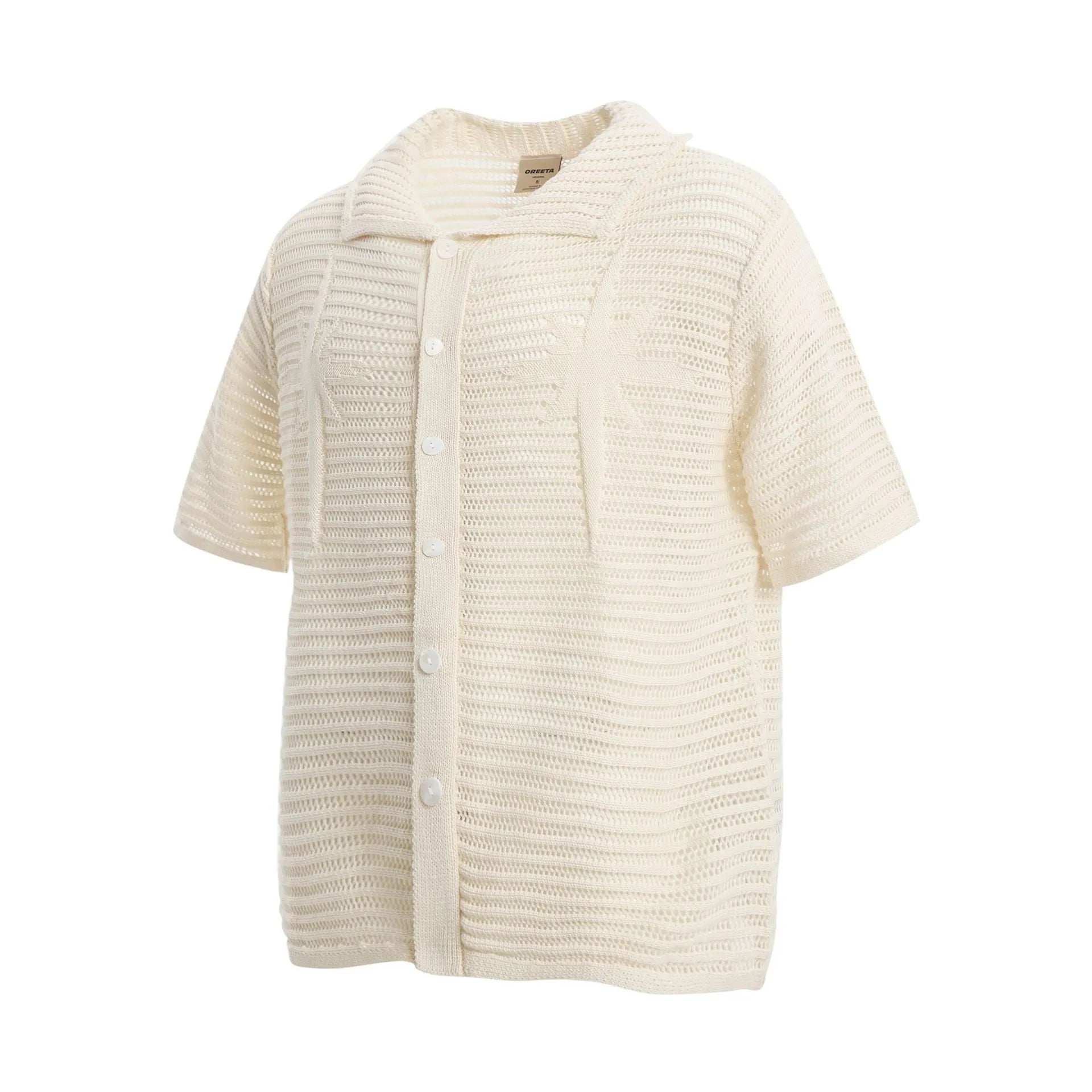 Men's apricot and black loose-fit retro cotton short sleeve casual shirt on hanger.