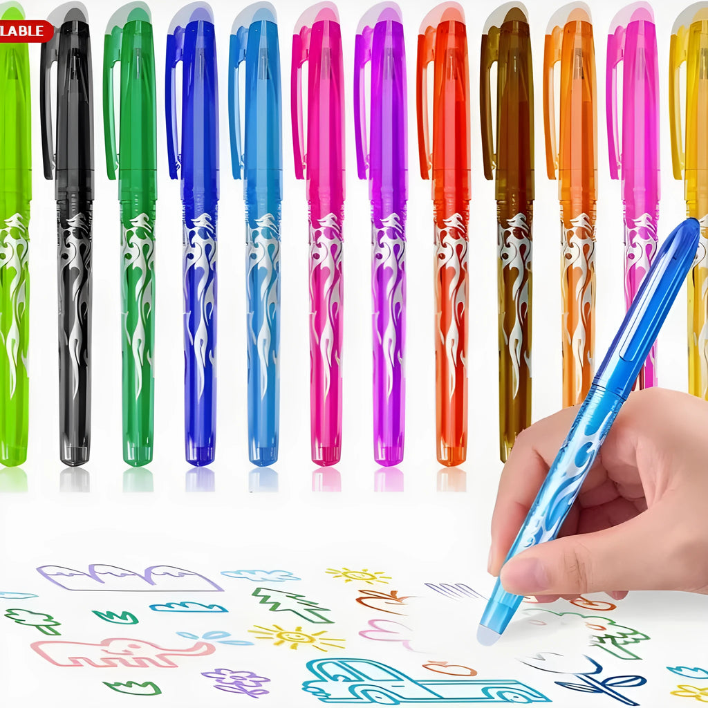 Hot erasable gel pen set showing plastic shell construction and stainless steel nib options in 0.5mm and 0.7mm sizes