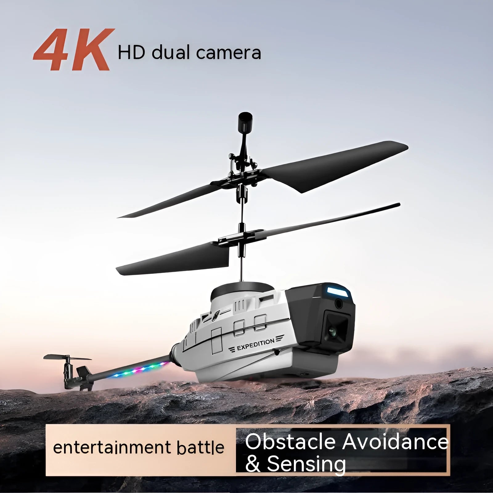 Heifeng plastic reconnaissance helicopter drone with coloured lights on a grey background.