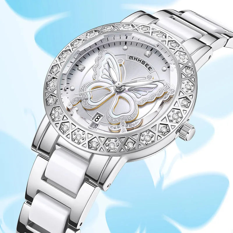 Butterfly diamond-encrusted women's watch with calendar and steel strap, 10mm thickness, available in white pink and purple face colours