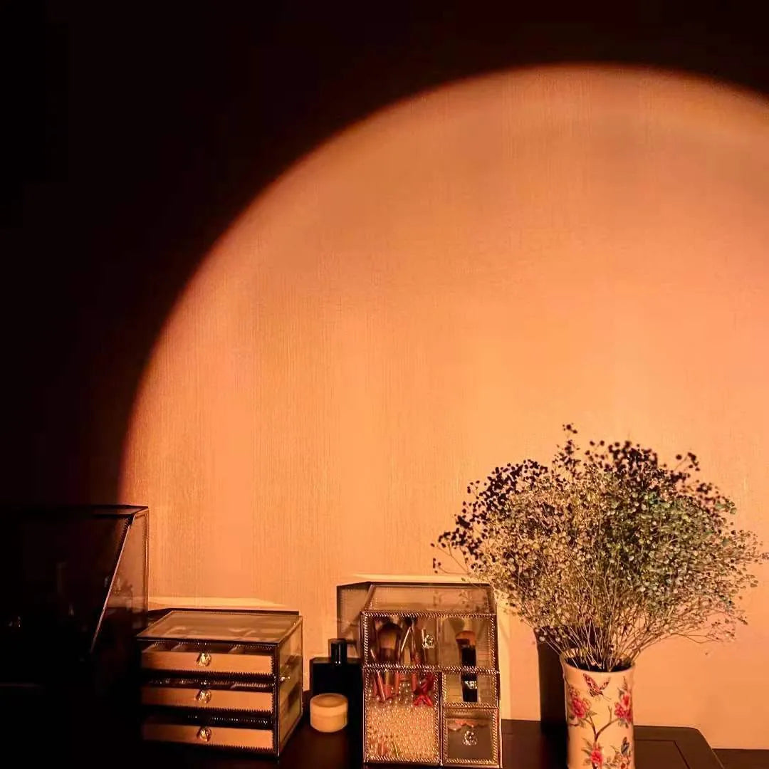 Sunset red rechargeable rainbow projection lamp with USB power connection and push-button control