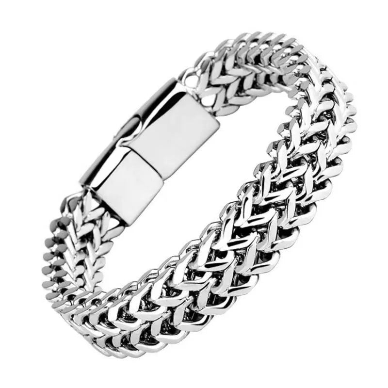 Geometric stainless steel bracelet showing front and back design in silver finish