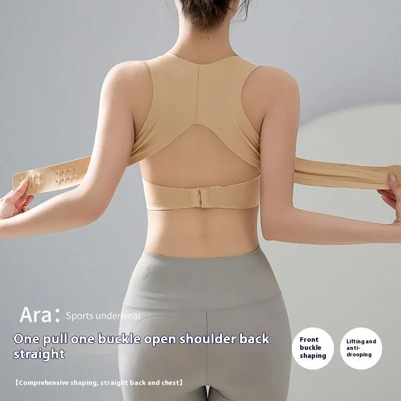 Women's front buckle back shaping sports bra for yoga in black, white, or nude.
