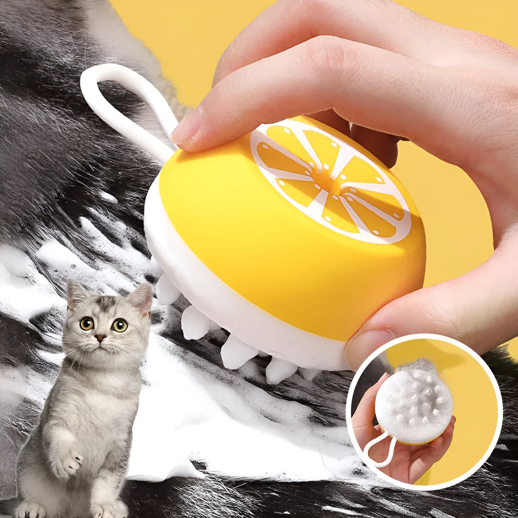 Yellow silicone pet bath brush with massage head and comb for dog and cat grooming.