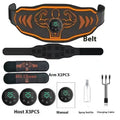 Blue and orange smart EMS massage belt fitness equipment with arm straps laid flat.