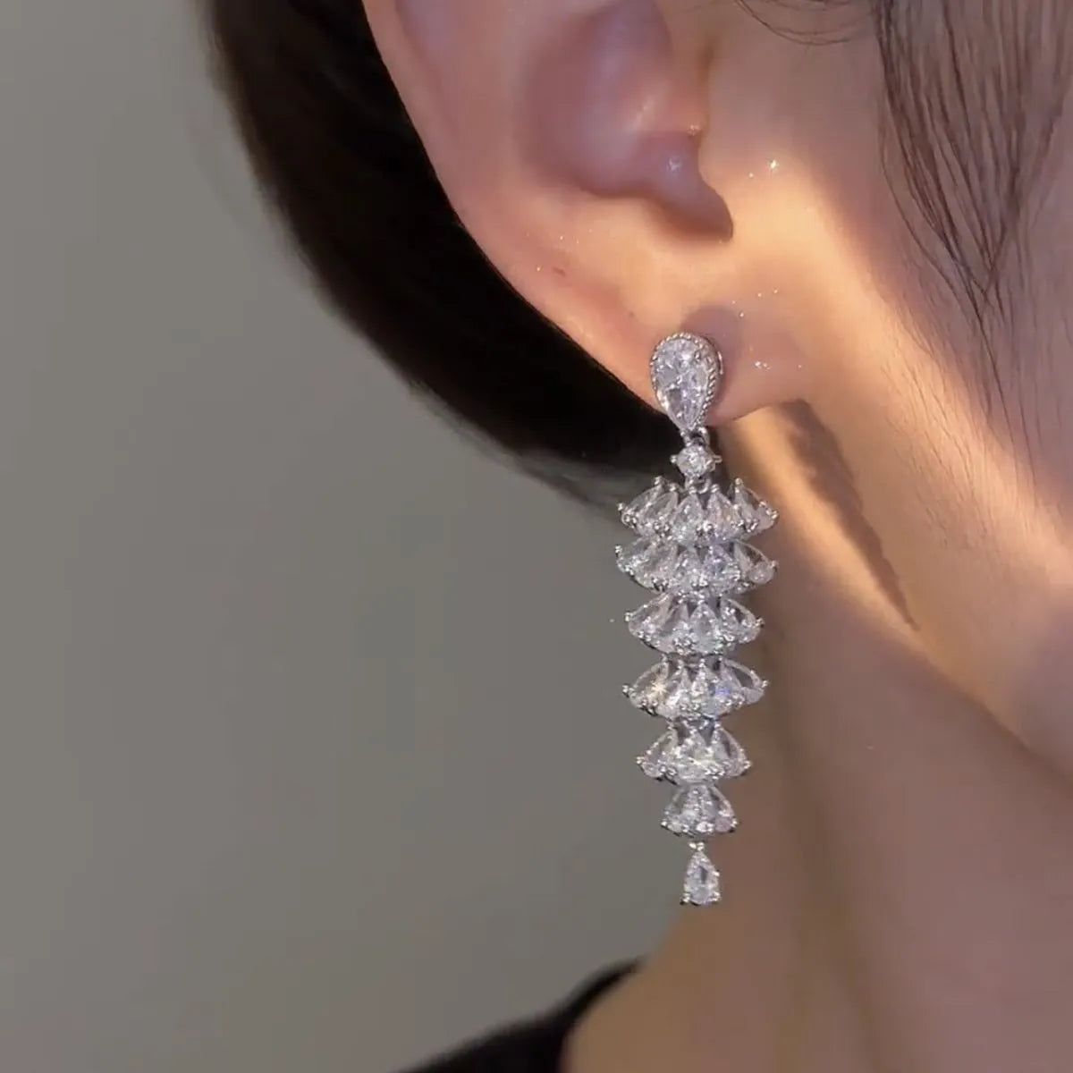 Women's Christmas tree drop earrings with sparkling zircon stones in silver pagoda colour