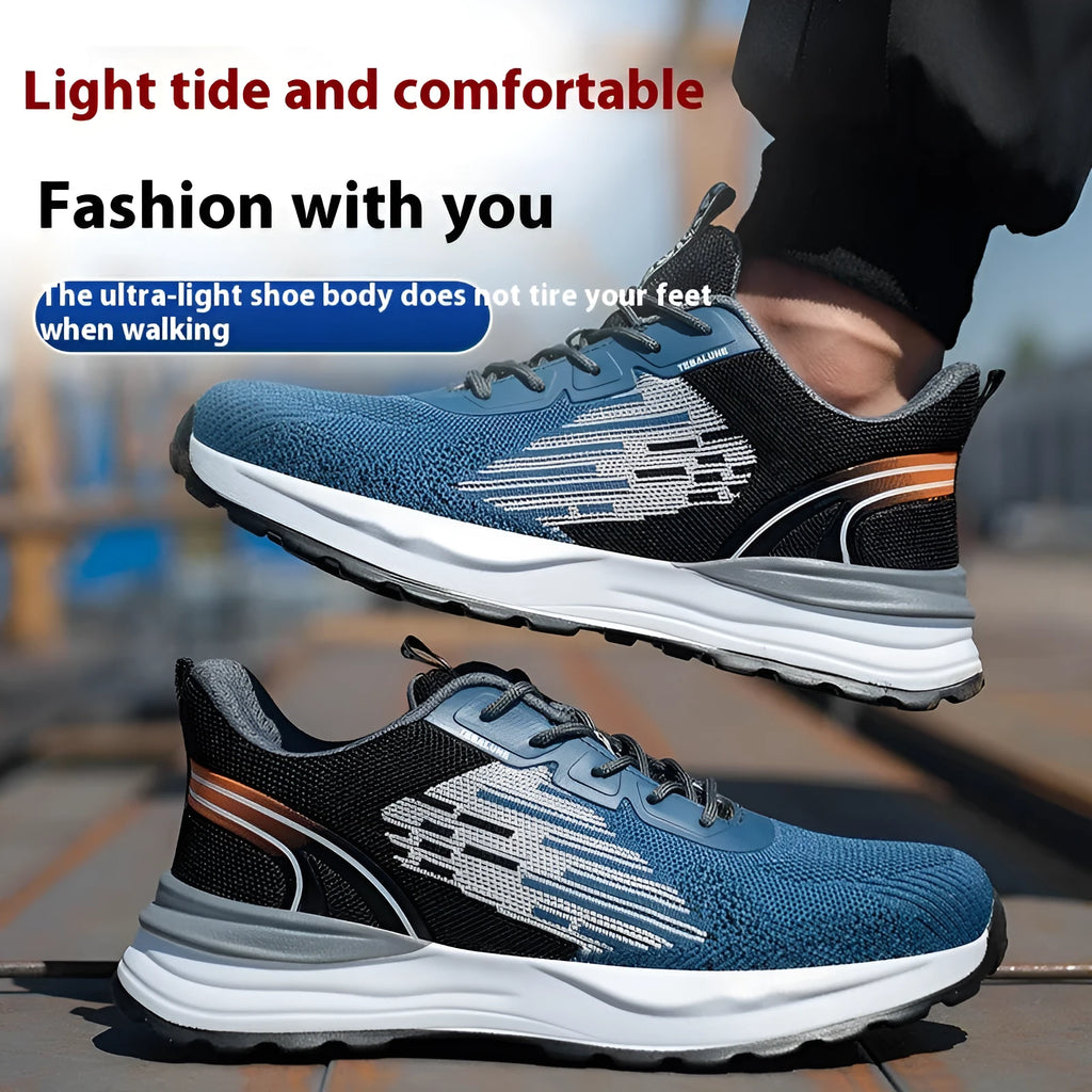 Blue men's safety work shoes with plastic toe cap and breathable mesh upper