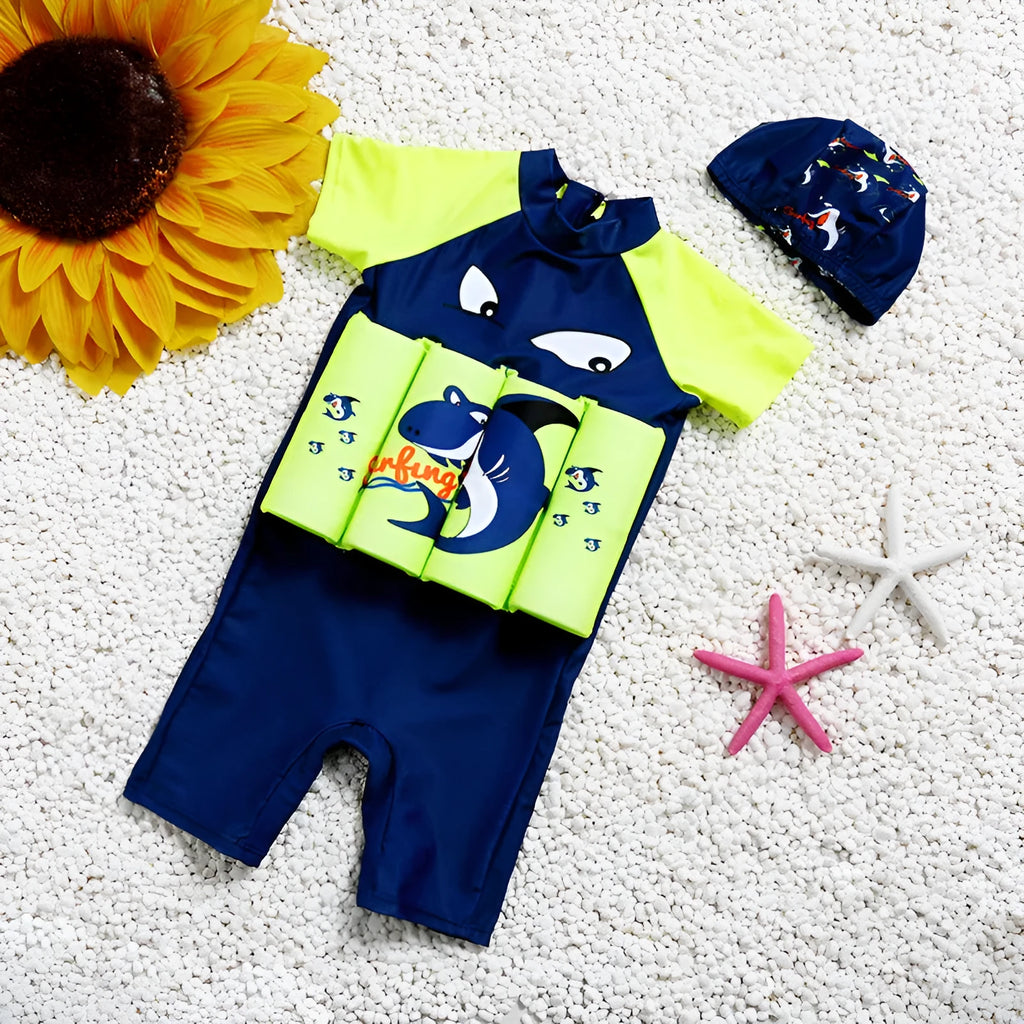 Shark Boy pattern buoyancy swimsuit for children, a one-piece floating swimwear with plaid design