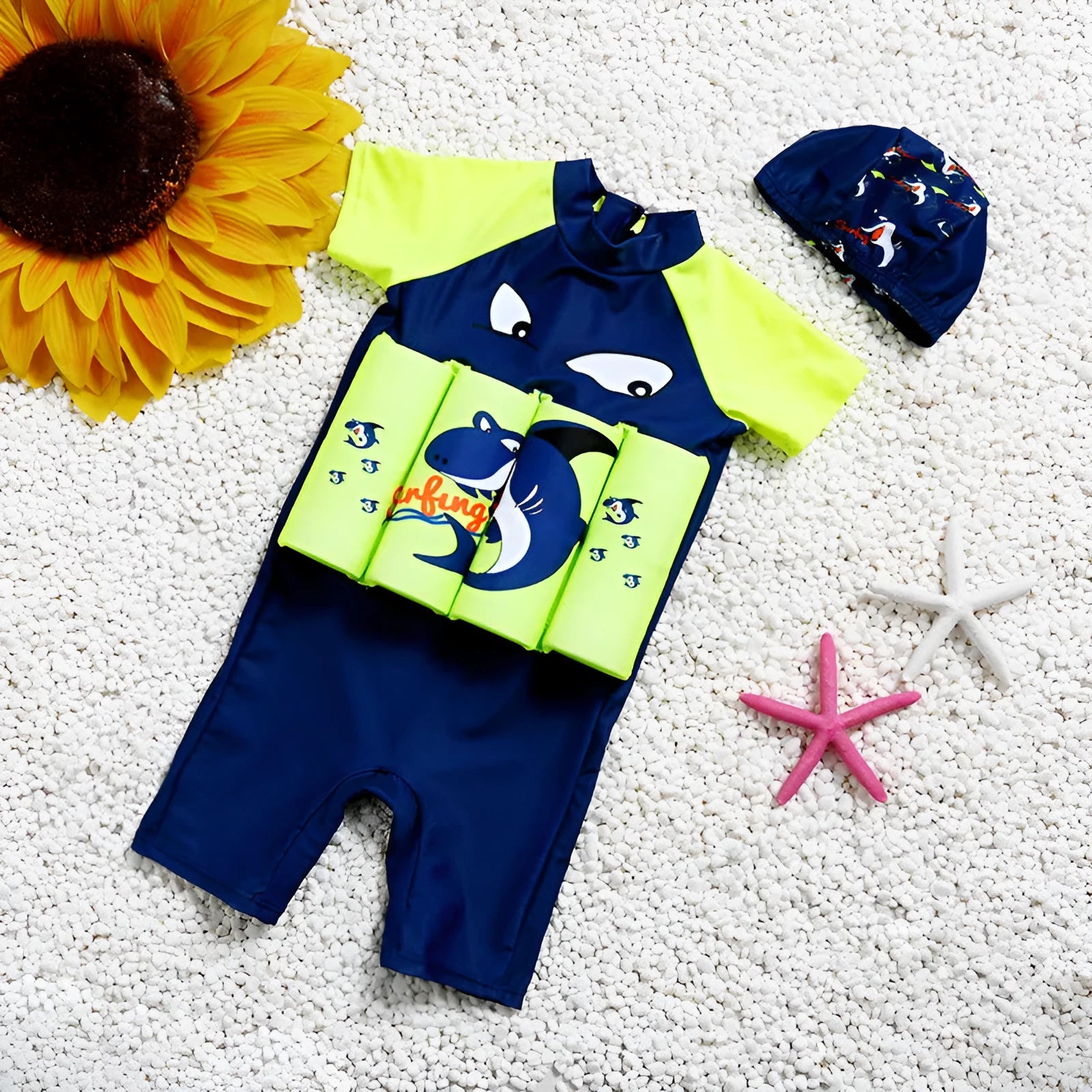 Shark Boy pattern buoyancy swimsuit for children, a one-piece floating swimwear with plaid design