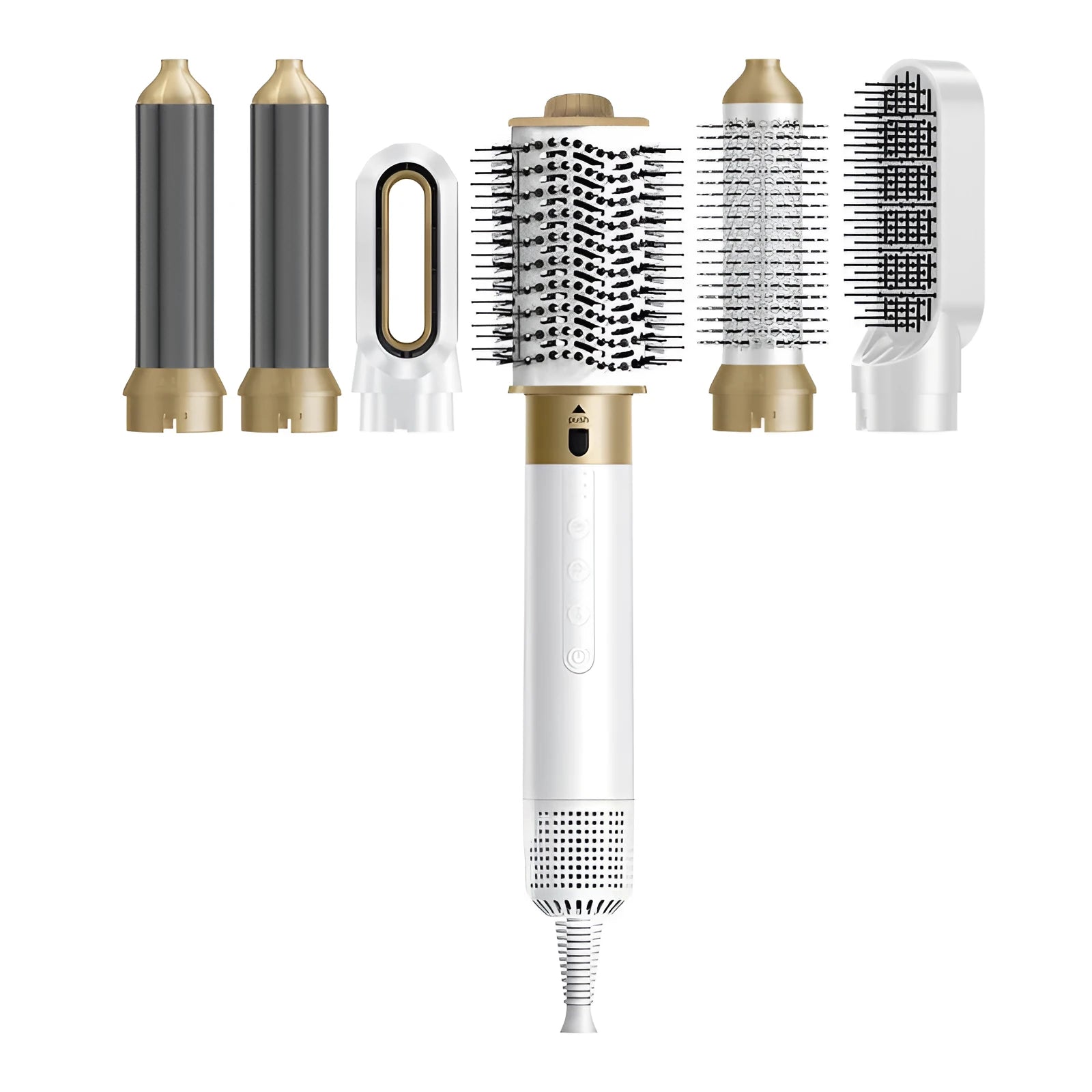 Dark blue and white 6-in-1 electric hot air comb with leather case for curling and straightening hair