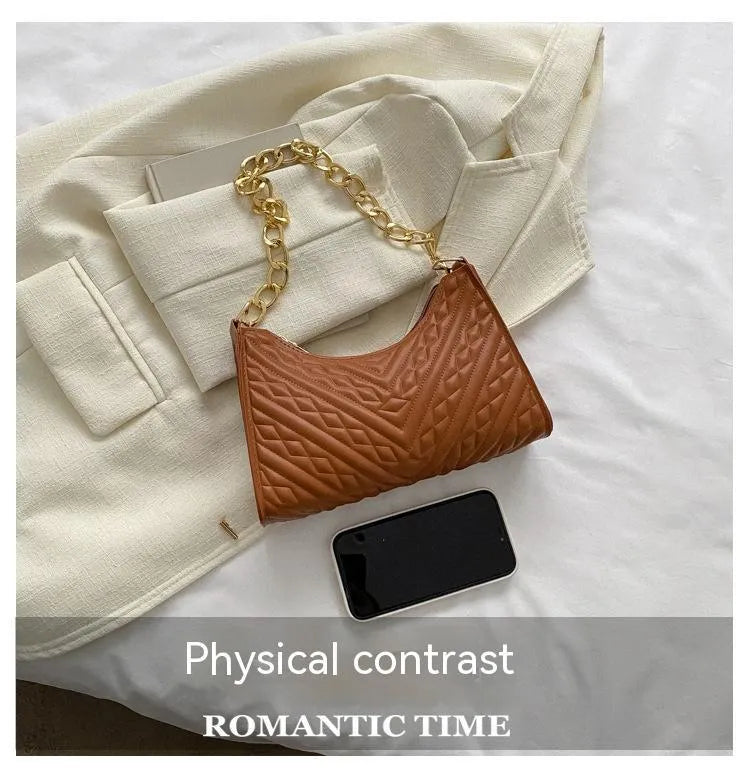 PU leather pleated chain baguette shoulder bag in vertical square shape with soft surface texture