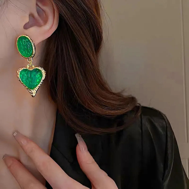 Pleated oval love heart stud earrings in purple, red, green, and yellow and white alloy colours