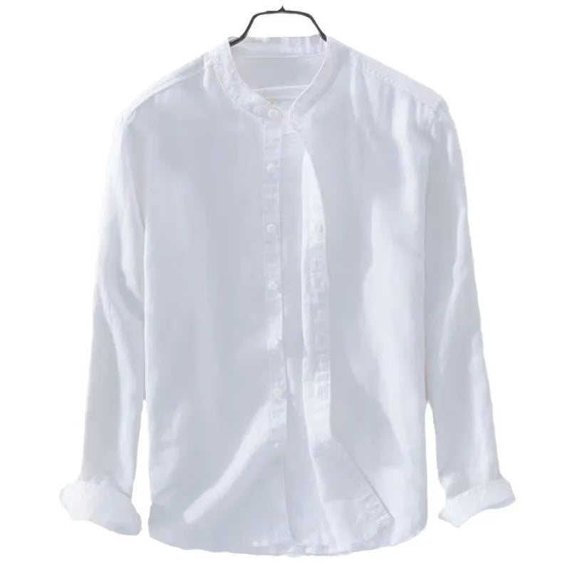 Men's loose casual long sleeve shirt in linen fabric, shown in a solid colour.