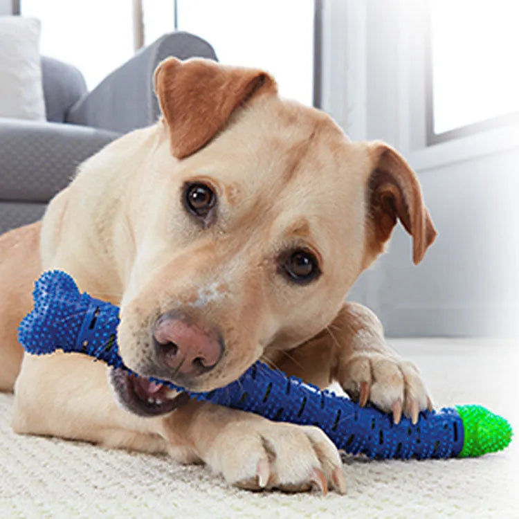 Blue green silicone dog dental cleaning stick with brush head design and gum massage nodules