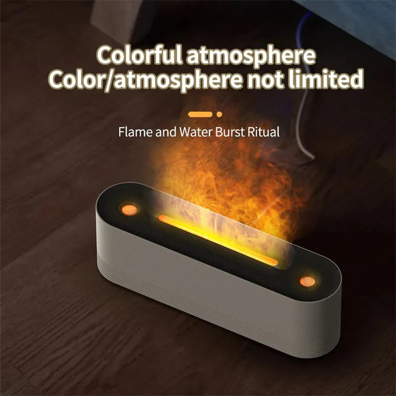 Black and white ultrasonic flame air humidifier and aroma diffuser with LED lights on a table.